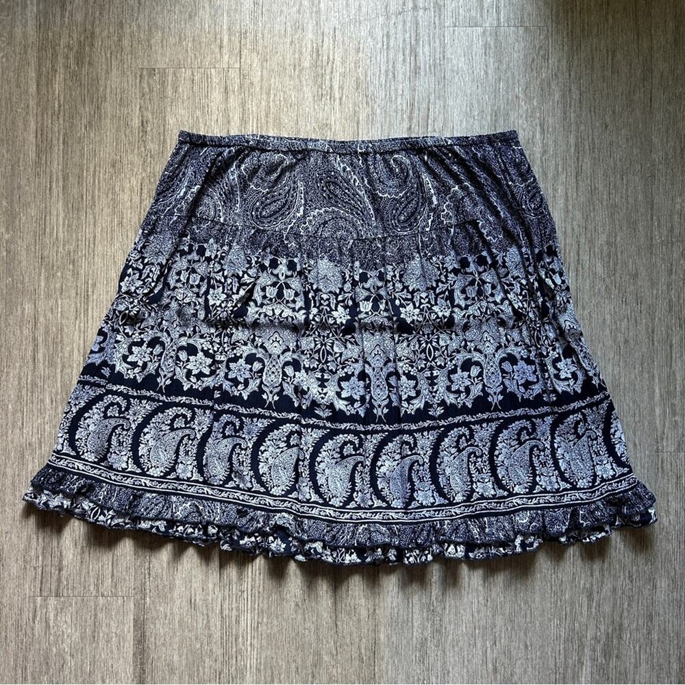 Dress Barn Navy/White Paisley Floral Ruffle Trim Pull-On Festival Skirt Size 2XL